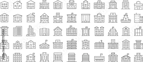 Minimal line building icon set with houses offices and urban architecture for web and print