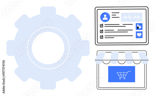 Technology, e-commerce, digital marketplaces, user profiles, online health services, business operations. A gear symbol, profile interface and a storefront. Technology and e-commerce theme