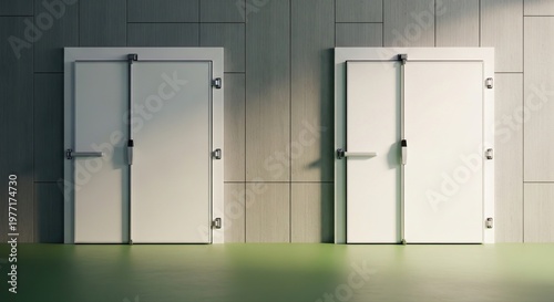 Two pristine industrial cold storage doors stand side by side against a textured wall, illuminated by soft, modern indoor lighting