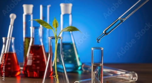 Vibrant chemical reactions in laboratory glassware cultivate plant growth under controlled scientific experimentation