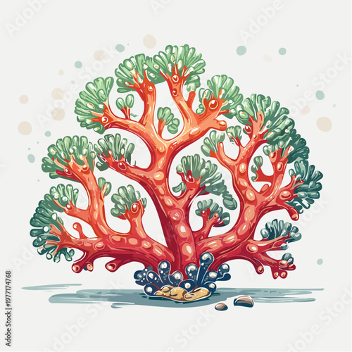 Vibrant coral reef illustration showcases a large red coral with green leafy sea fans in an underwater scene.