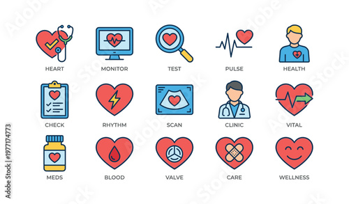 Medical icons: heart health, monitoring, and care in simple illustrations