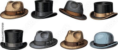 Vintage Style Hand Drawn Hat Vector Set Featuring Classic Fedora, Elegant Top Hat, and Bowler Headwear for Retro Fashion and Gentleman Apparel Designs