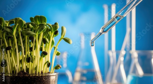 Young plant sprouts thrive in laboratory setting, nurtured by precise scientific fluid drops for agricultural innovation and biotechnology research