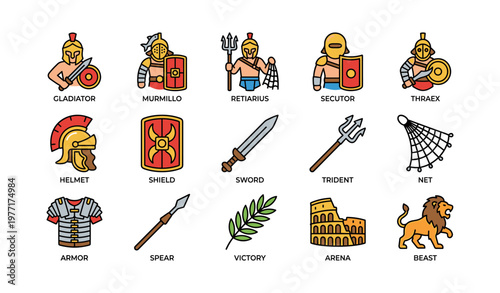 Ancient roman gladiators and weapons illustration featuring armour and coliseum