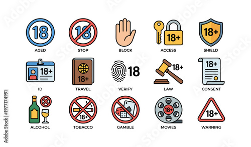 18+ age restriction icons: access, block, law, shield, consent