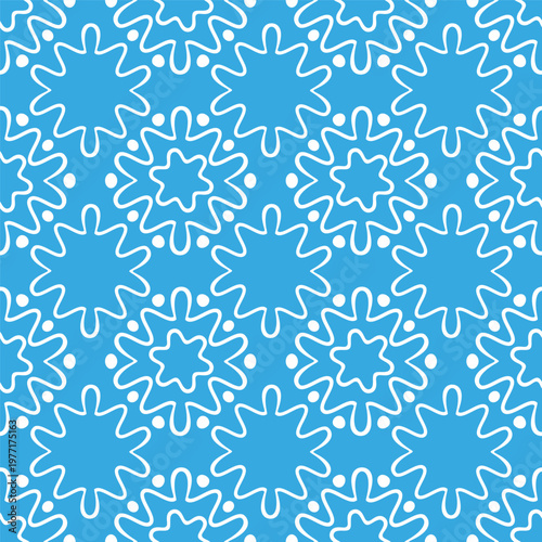 Seamless pattern with white floral elements on blue background. Oriental style ornament. Vector illustration.