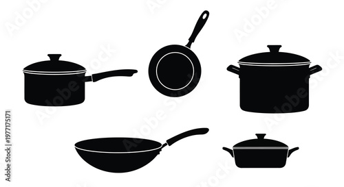 Black silhouette icons of various kitchen cookware items on a white background