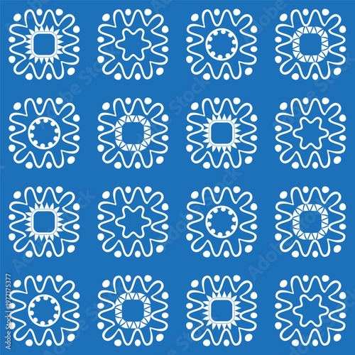 Seamless square pattern with white floral elements on a blue background. Oriental style ornament. Vector illustration.