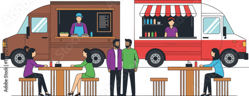 Outdoor Street Food Market Illustration with Modern Trucks People Eating at Tables and Urban Dining Scene for Community Events and Festival Designs