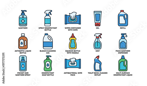 Variety of cleaning and sanitizing products for hygiene and disinfection