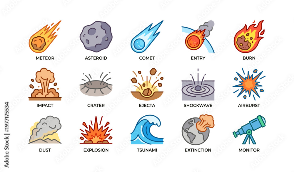 Obraz premium Meteor asteroid comet impact ejecta explosion tsunami icons set