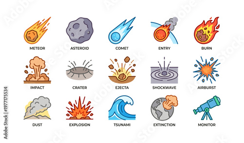 Meteor asteroid comet impact ejecta explosion tsunami icons set