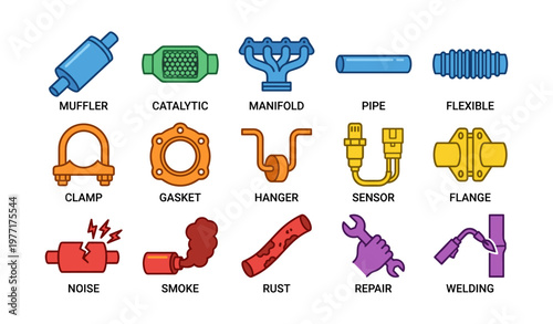 Colorful car parts icons: exhaust, catalytic, muffler, gasket, sensor, welding