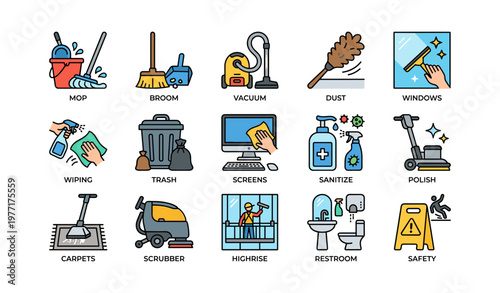 Cleaning tools set: mop, broom, vacuum, dust, windows, wiping, trash, screens, sanitize, polish, carpets, scrubber, highrise, restroom, safety