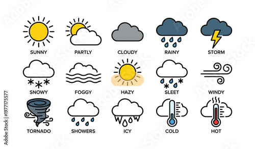 Weather icons illustrating various conditions like sunny, rainy, stormy, and cloudy