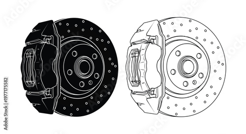 Black and white illustration of automotive brake components disc and caliper
