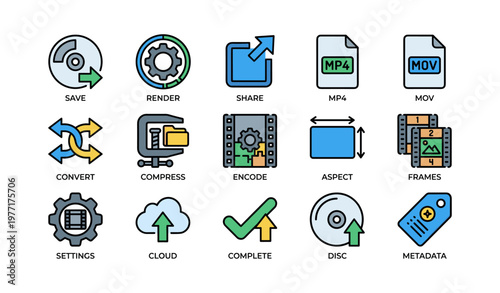Video editing icon set: save, render, share, formats, settings