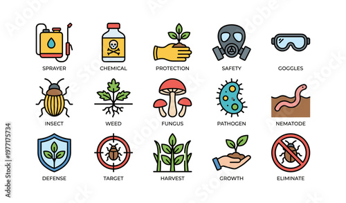 Agricultural pest control icons: sprayer, chemical, safety, insect, weed management