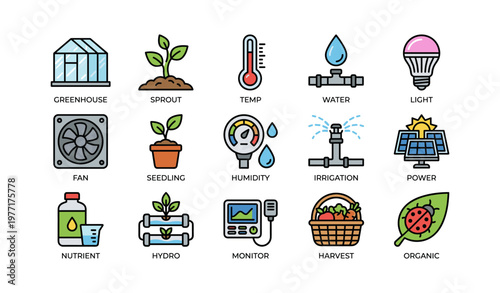 Colorful icons illustrating garden tools and equipment for efficient farming