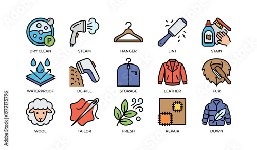 Clothing care icons: dry clean, waterproof, leather, repair, fresh