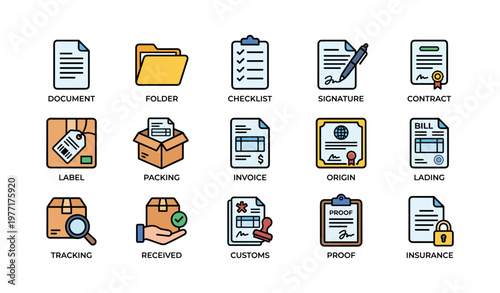 Document management icons: checklist, signature, tracking, customs, insurance