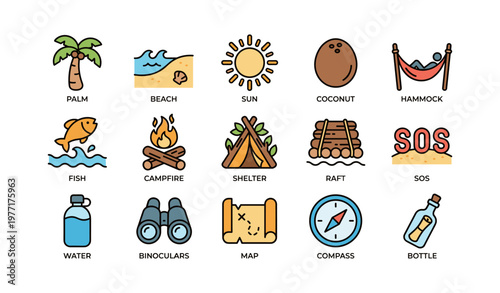 Beach adventure icons: palm, sun, campfire, raft, compass, coconut, map, bottle