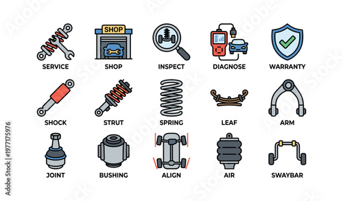 Car maintenance icons: service, shop, inspect, diagnose, warranty