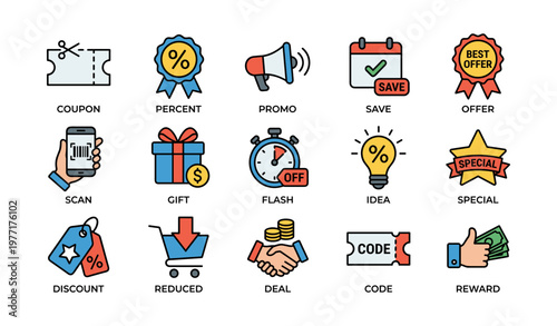 Coupon and promotion icons for discounts and deals