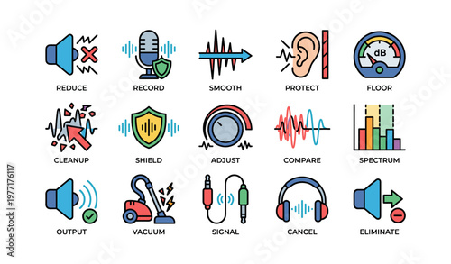 Audio control icons set featuring microphone, sound waves, and noise protection symbols