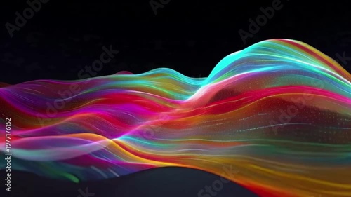 Vibrant multicolor fractal wave with neon hues flows across a dark background