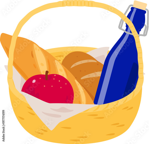 持ち手付きバスケットに入れたパンとウォーターボトルとリンゴ