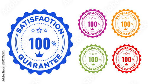 Collection of five 100 Satisfaction Guarantee badges in blue, purple, orange, green, and red. Perfect for product quality assurance and building customer trust, 100.