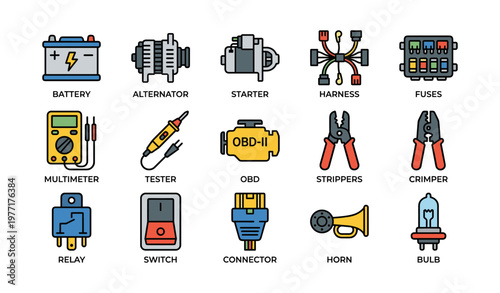 Colorful automotive parts icons set: battery, alternator, starter, harness