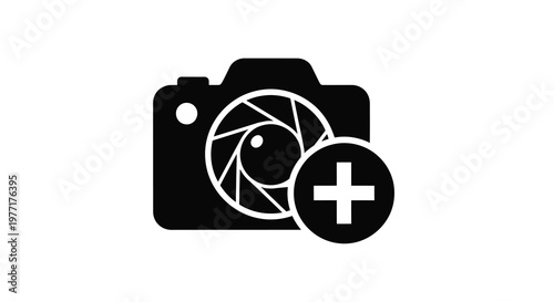 Black silhouette of a camera with aperture and plus icon