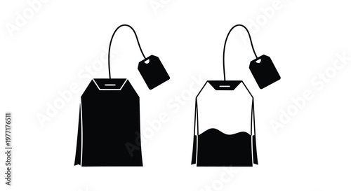 Two black and white illustrations of tea bags one full and one empty