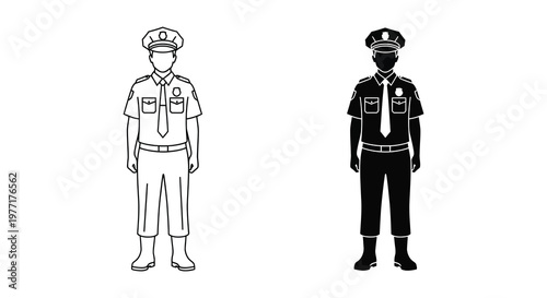 Two police officers depicted in a stark black and white graphic silhouette