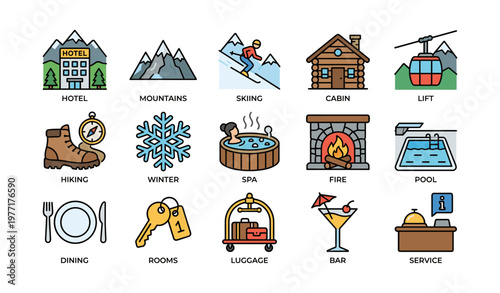 Icon set of hotel, mountain activities, and amenities