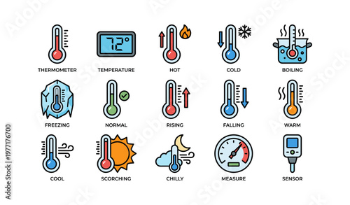 Colorful thermometer icons representing various temperature states and measurements