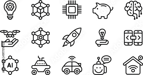 Artificial intelligence and technology line icons set with robotics smart devices innovation automation network and futuristic digital concepts
