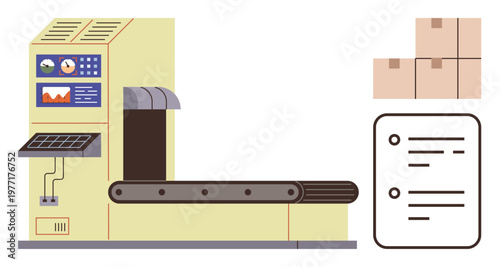 Logistics, manufacturing, inventory management, quality control, packaging solutions, automation. Conveyor belt machine with boxes and checklist. Logistics and manufacturing industry tools