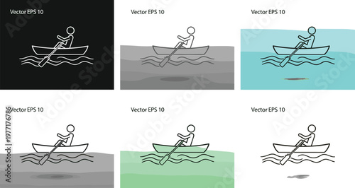 Rowing boat line icon set with person paddling on water minimal outline vector illustration collection in different background styles