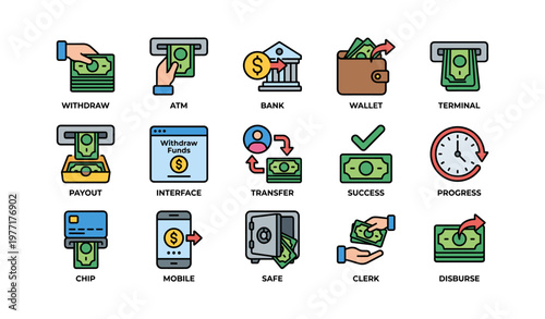 Financial transaction icons: atm, bank, wallet, payout, mobile transfer