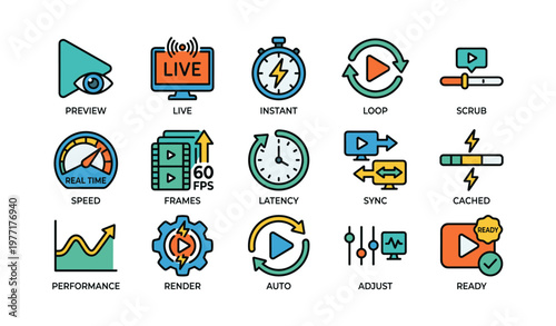 Colorful icons illustrating video settings and playback features
