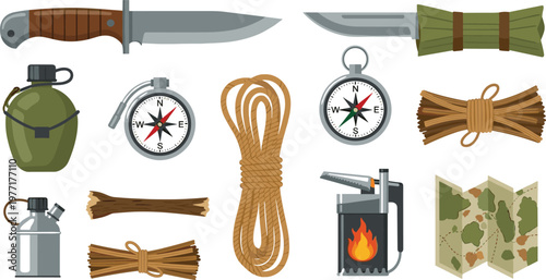 Survival camping gear vector set with knife compass rope map fire starter and outdoor equipment illustration isolated on white background