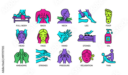 Colorful massage therapy icons depicting techniques and relaxation elements