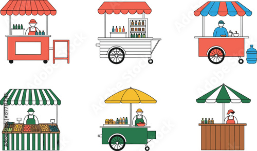 Street Food Stall and Market Kiosk Set with Colorful Umbrellas and Vendors Selling Fresh Produce and Drinks for Urban Festival and Community Designs