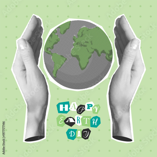 Happy Earth Day collage poster template. Magazine Paper sheet cut out hands care about planet with dotted vintage pop art pattern. Vector halftone illustration with greeting text.