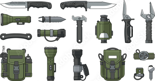 Tactical survival gear vector set with knives multitools flashlight backpack and military equipment illustration isolated on white background