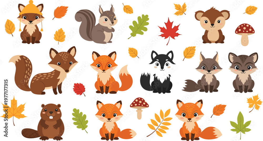 Obraz premium Autumn Forest Animals Set with Fox, Squirrel, Beaver, Raccoon, and Fall Leaves for Seasonal Illustrations